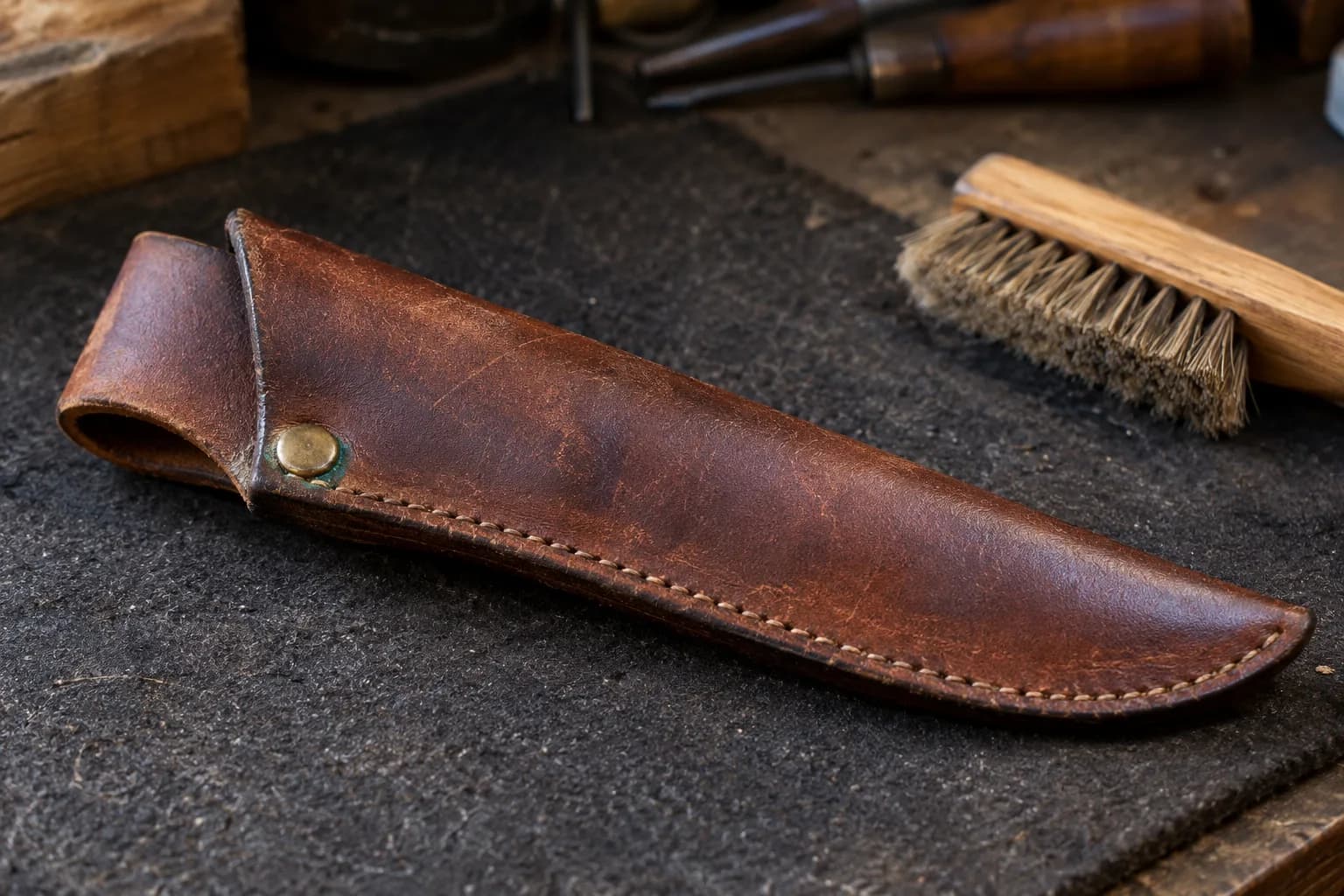 Worn brown leather sheath with a brass rivet showing a small green corrosion crust at the leather seam, a dry brush nearby.