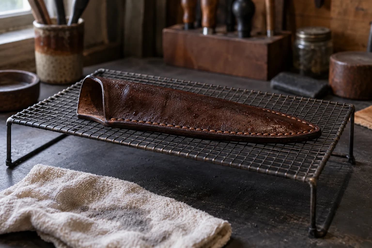 Empty damp leather sheath resting mouth-open on a wire drying rack above a bench, with a cloth lying in front.