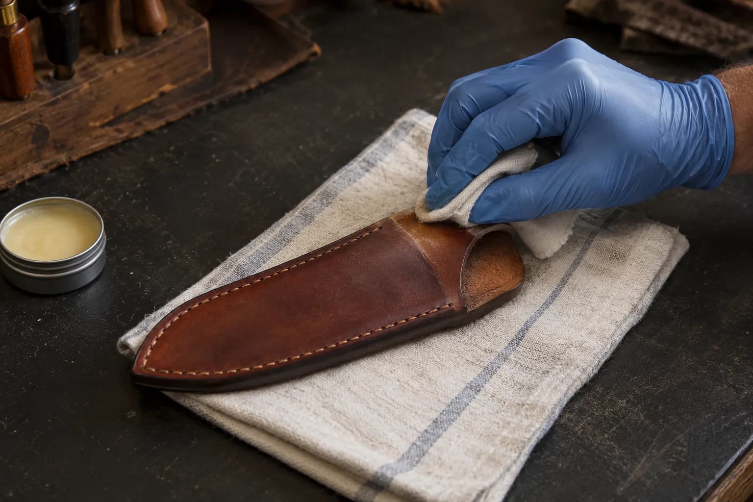 Blue-gloved hand buffing balm into the lightened flex area at the mouth of a brown leather sheath resting on a linen cloth.