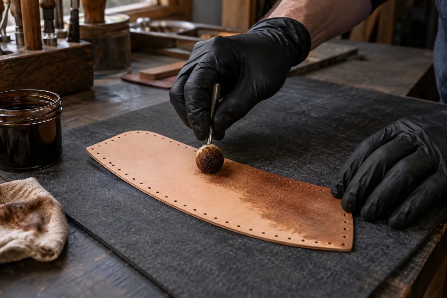 Black-gloved hand dabbing brown dye onto a flat leather sheath panel with a wool dauber; the other hand steadies the edge.