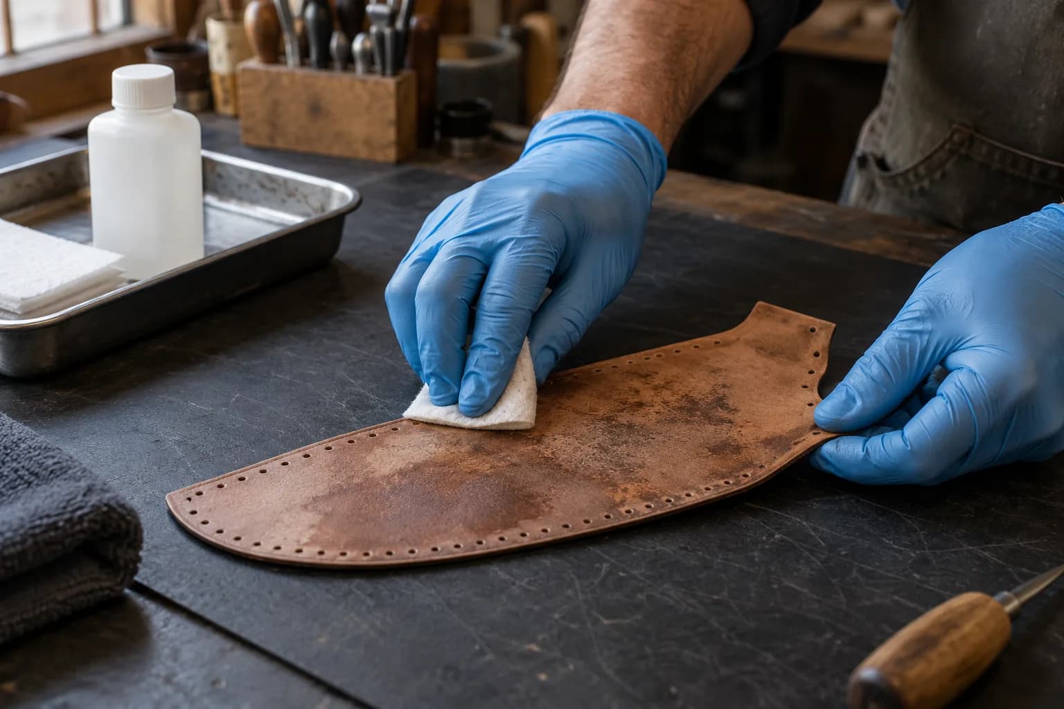 Blue-gloved hands wipe a blotchy unassembled leather sheath panel with a small white pad; a capped bottle sits in a tray behind.