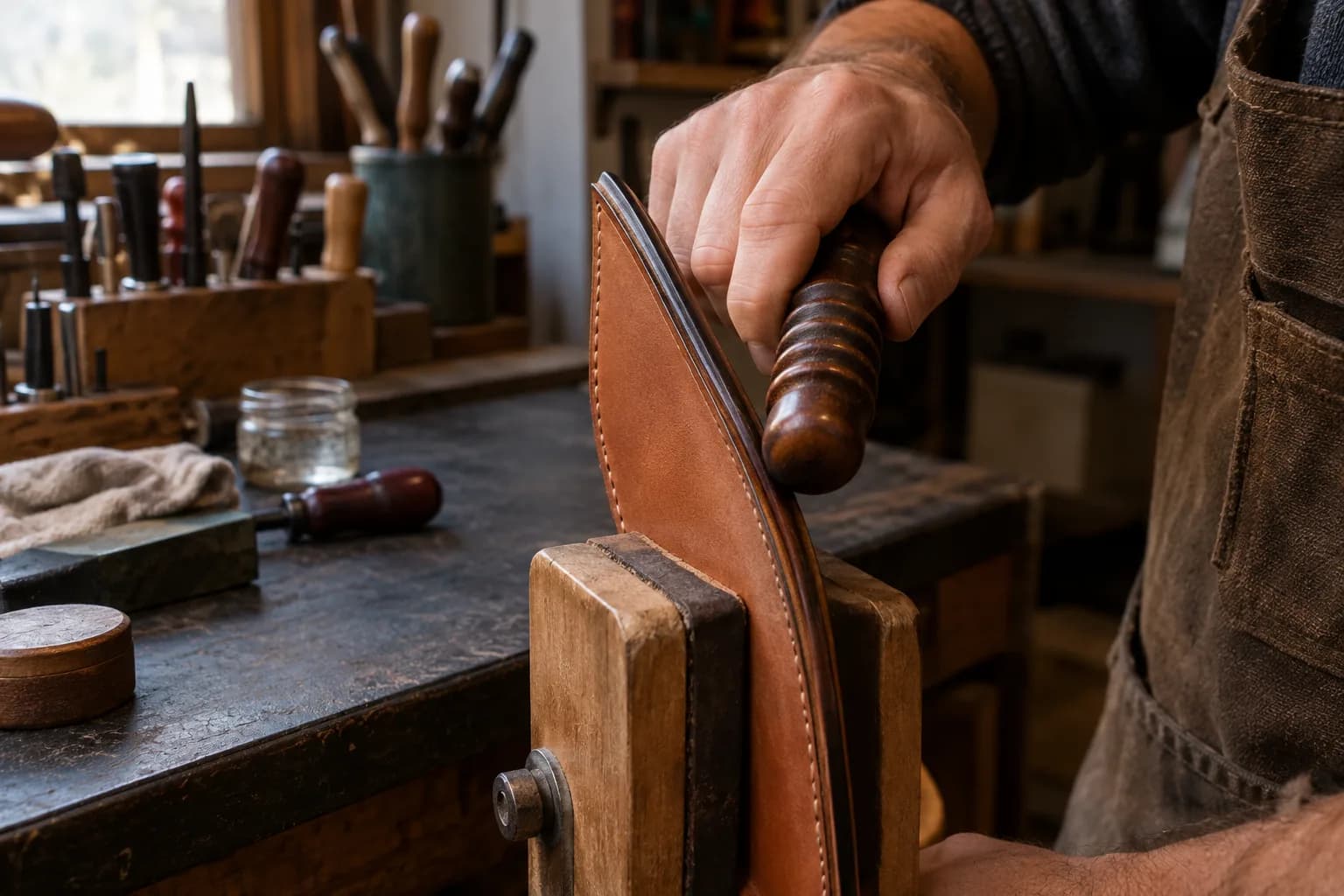 Bare hand rubbing a ribbed hardwood slicker along the dark burnished edge of a stitched leather sheath held in a wooden clamp