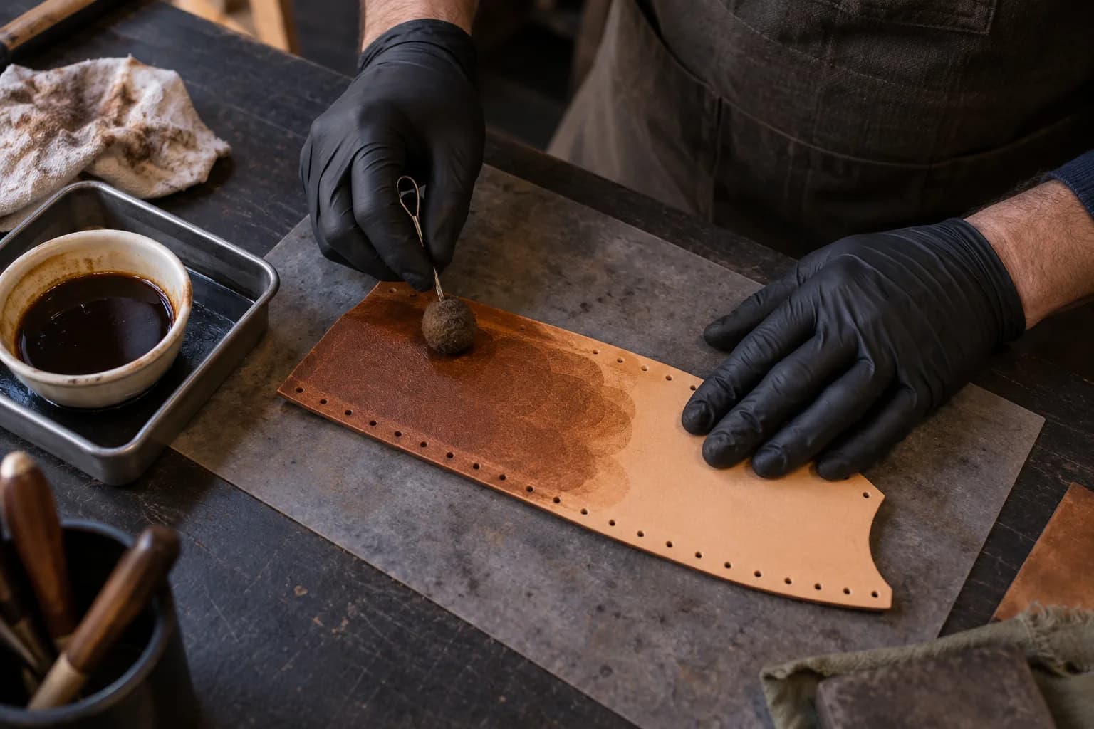 Gloved hand daubing brown dye in overlapping circles across a flat sheath panel, other hand steadying the dry end