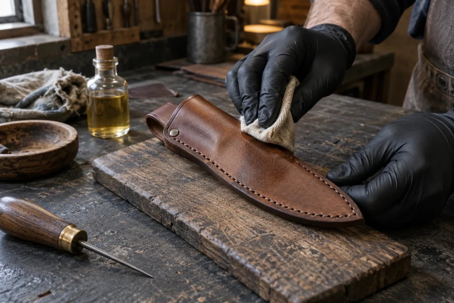 Gloved hand wiping a thin coat of oil with a cloth over a brown stitched leather sheath resting on a wooden board