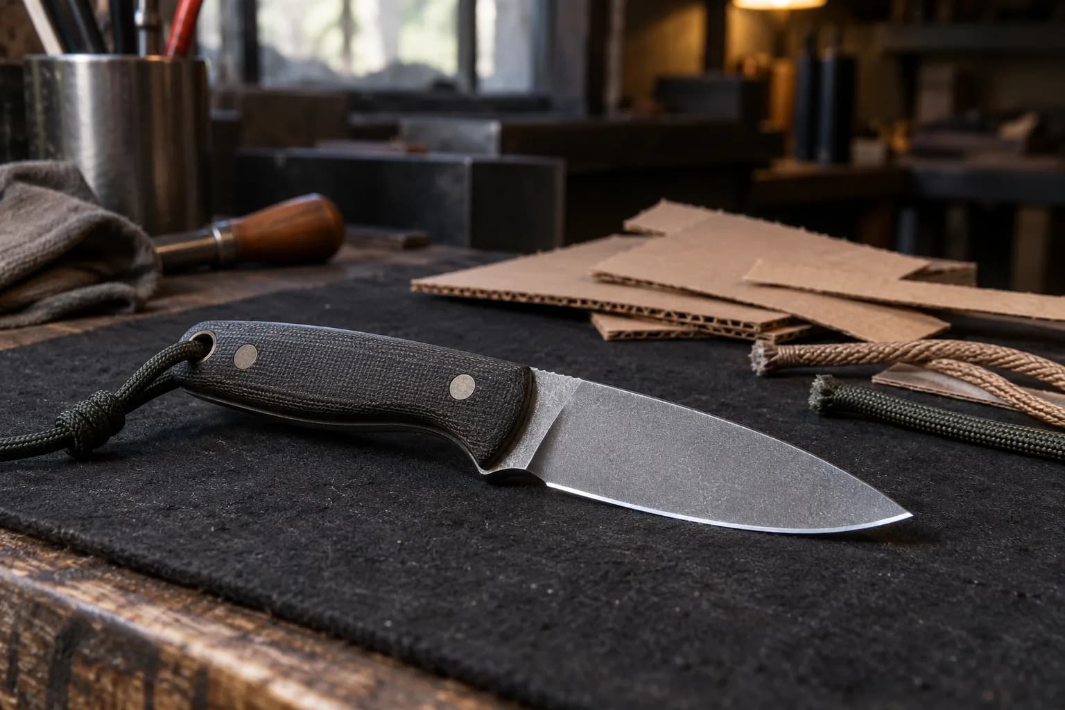 Compact fixed-blade knife with black micarta handle and lanyard lies on a dark pad beside cardboard scraps and cord.