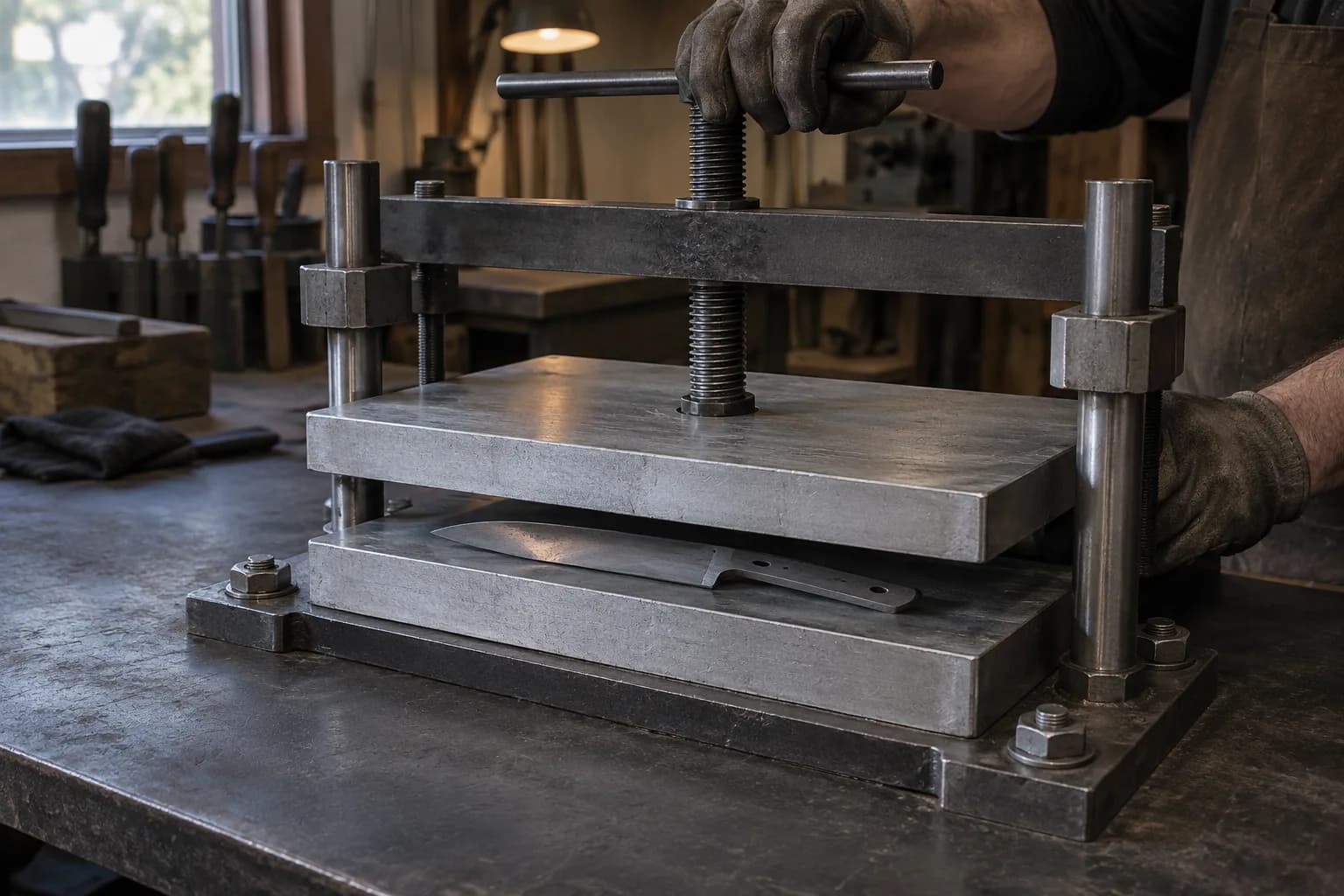 Screw-type plate press with a knife blank on the lower aluminum plate and a gloved hand turning the handle.