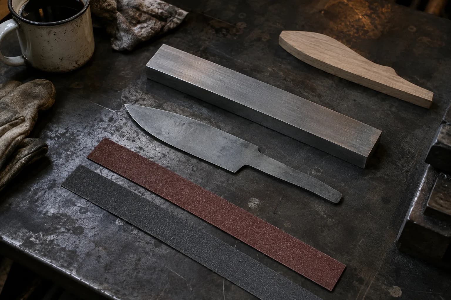 Steel bar, profiled knife blank, two abrasive strips and a wooden template lie flat on a dark steel bench.