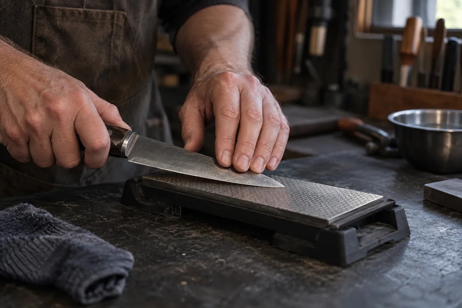 Hands draw a knife edge across a diamond sharpening plate in a black bench holder.
