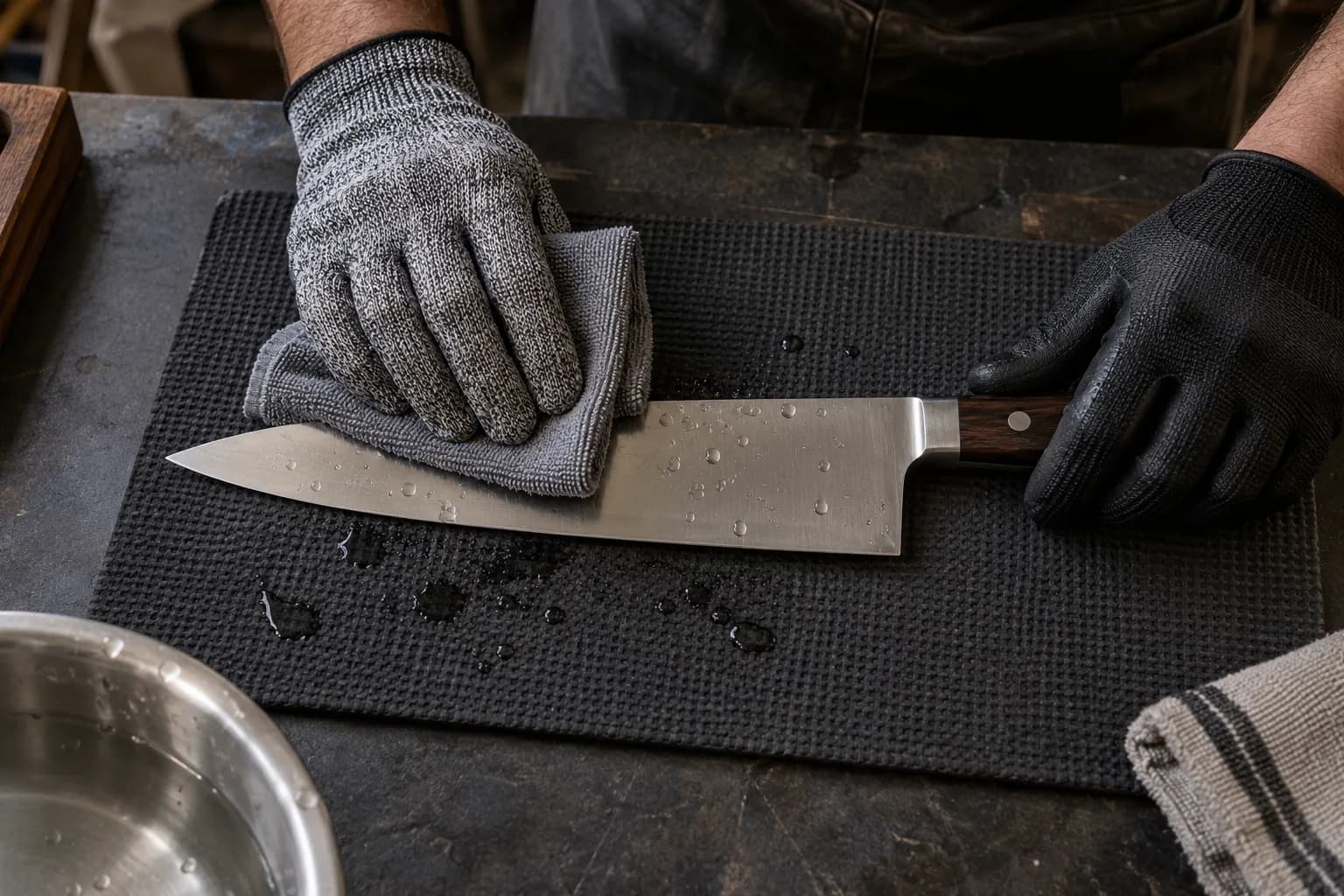 Gloved hands dry a wet chef's knife with a gray cloth on a black nonslip mat, water droplets scattered around it.