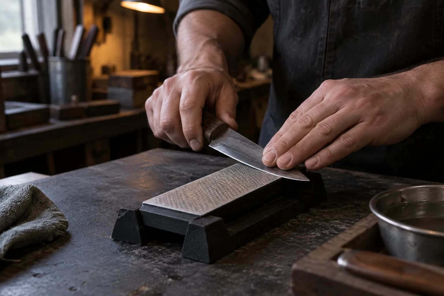 Hands draw a small fixed knife across a fine diamond sharpening plate seated in a black nonslip holder.