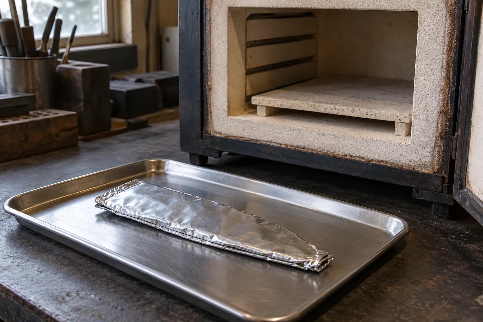 Folded foil packet shaped like a knife blade lies on a steel tray beside the open, cold chamber of a heat-treat kiln.