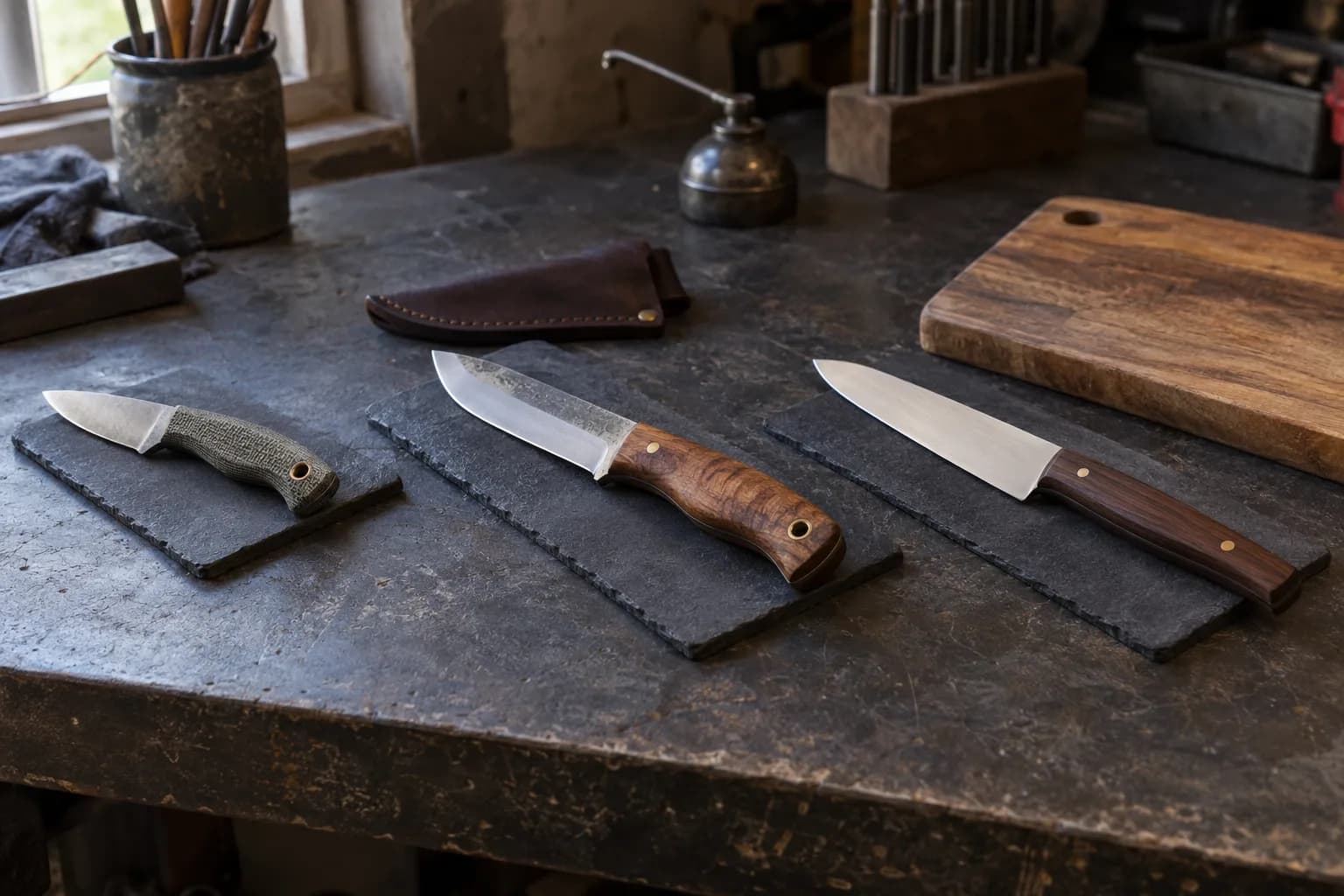 Small utility knife, drop-point hunting knife and slim kitchen knife lie on separate slate pads with a sheath and board behind.