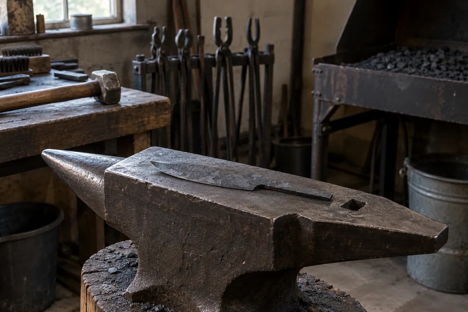 Rough forged knife blade lying cold on an old anvil, with a hammer, tongs rack and coal forge behind