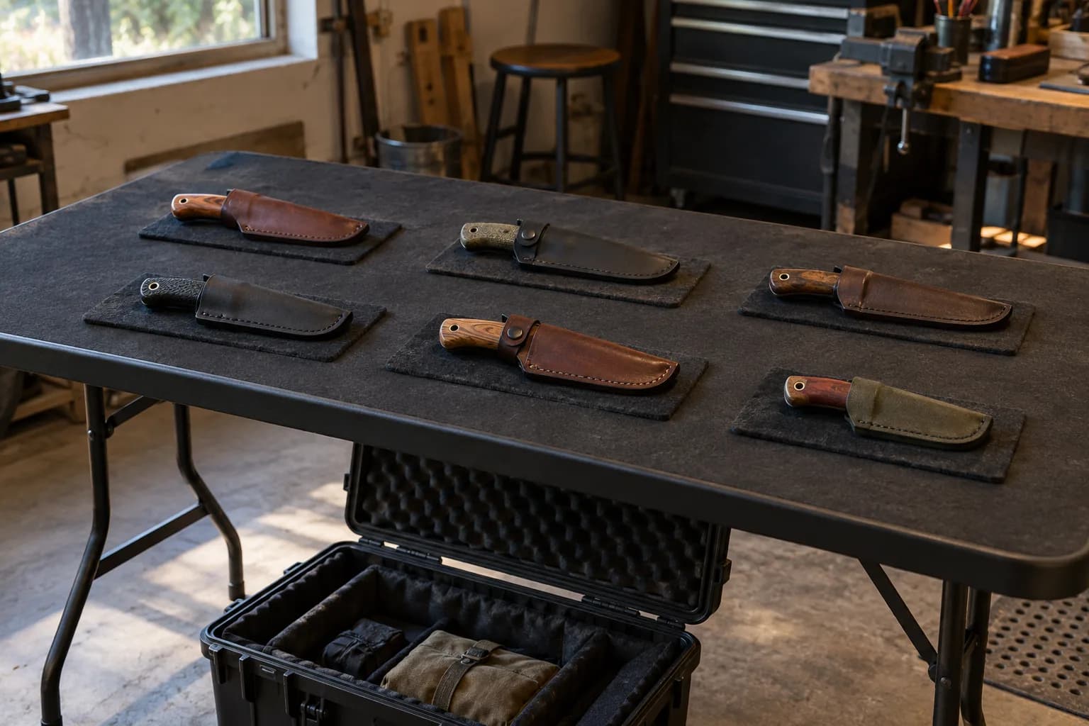 Folding table with six sheathed fixed-blade knives on dark felt pads and an open foam-lined hard case beneath it in a workshop