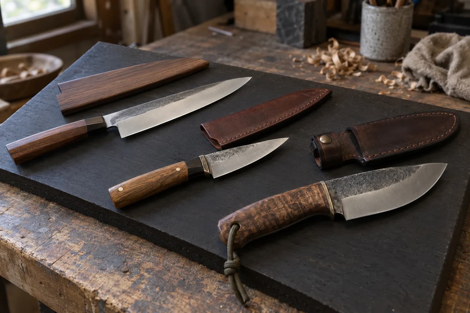 Three handmade knives on a dark board with a wooden saya and two empty leather sheaths, shavings behind