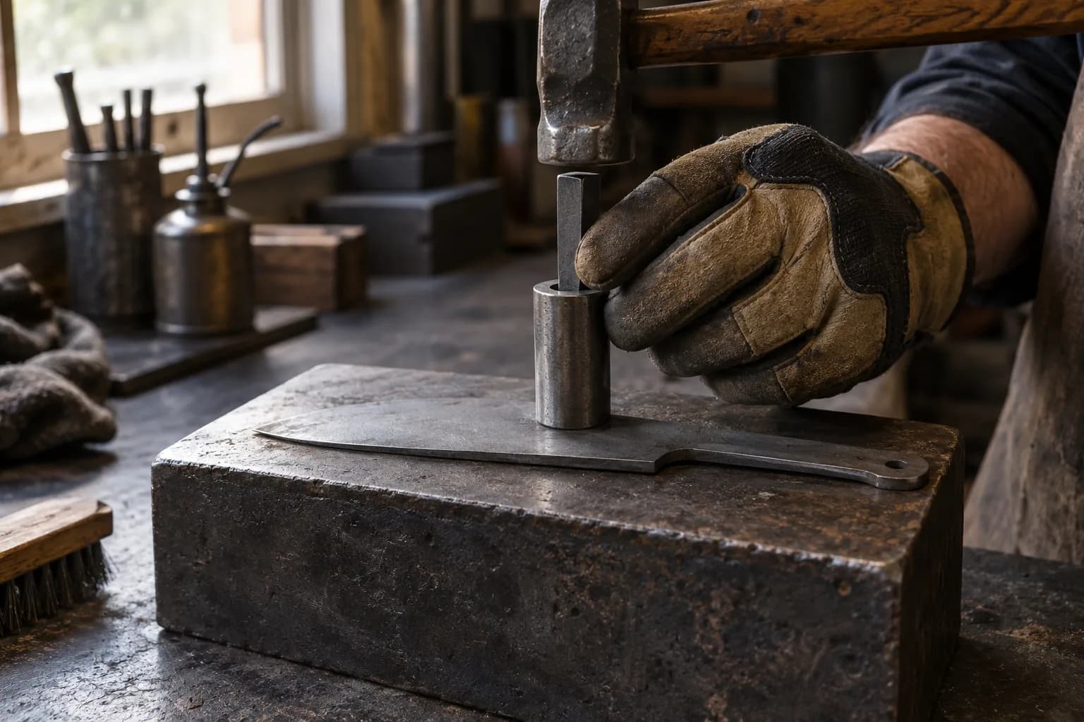 Gloved hand holds a stamp in a guide sleeve on a cold knife blank atop a steel block, hammer poised overhead