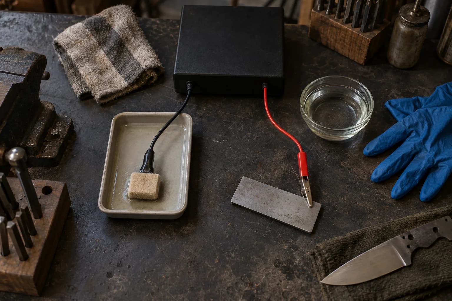 Unmarked black etching box with a felt electrode in a tray, clipped steel coupon, clear dish and blue gloves on a bench