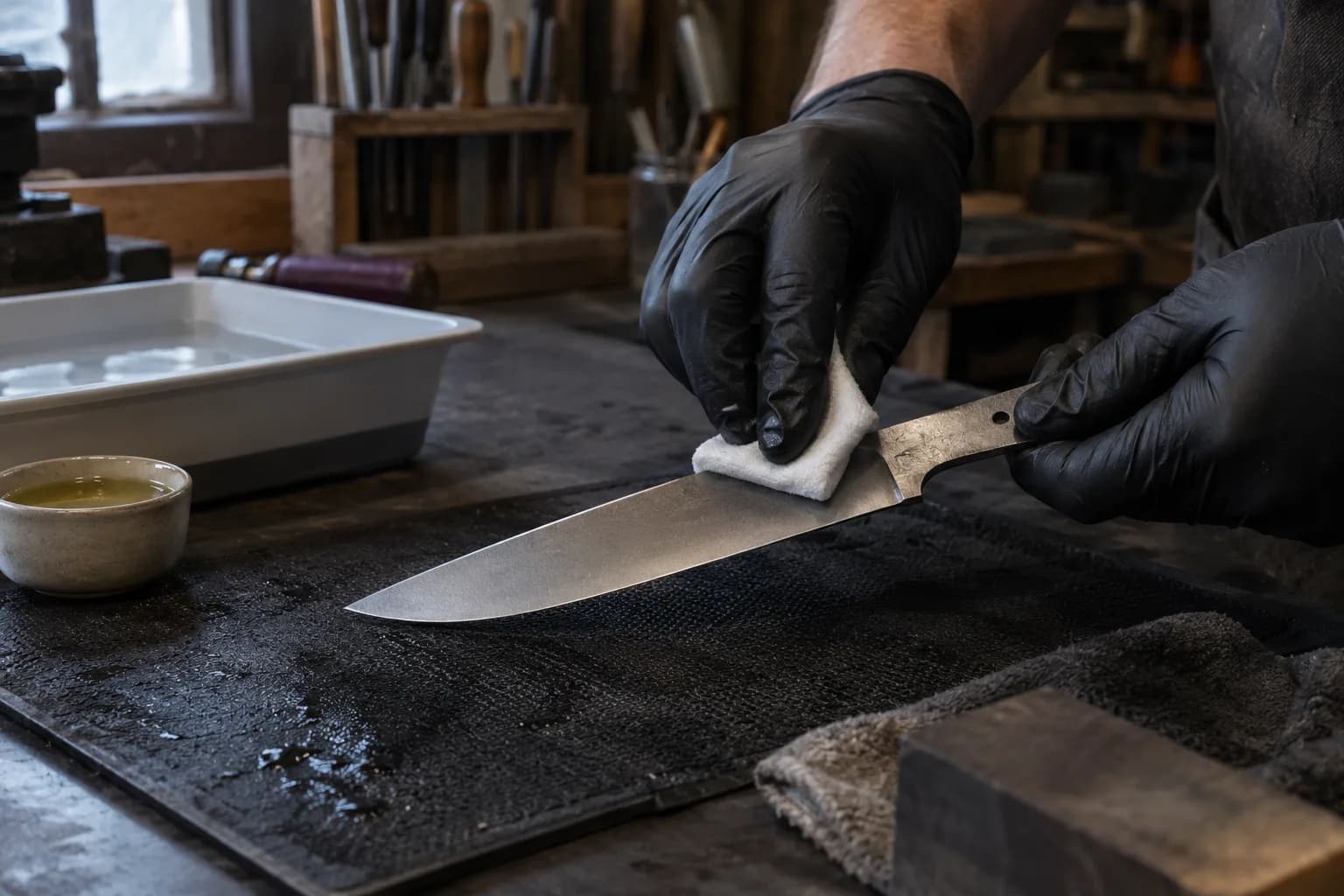 Black-gloved hand wipes the ricasso of a knife with a damp white pad while the other hand holds the tang over a wet mat
