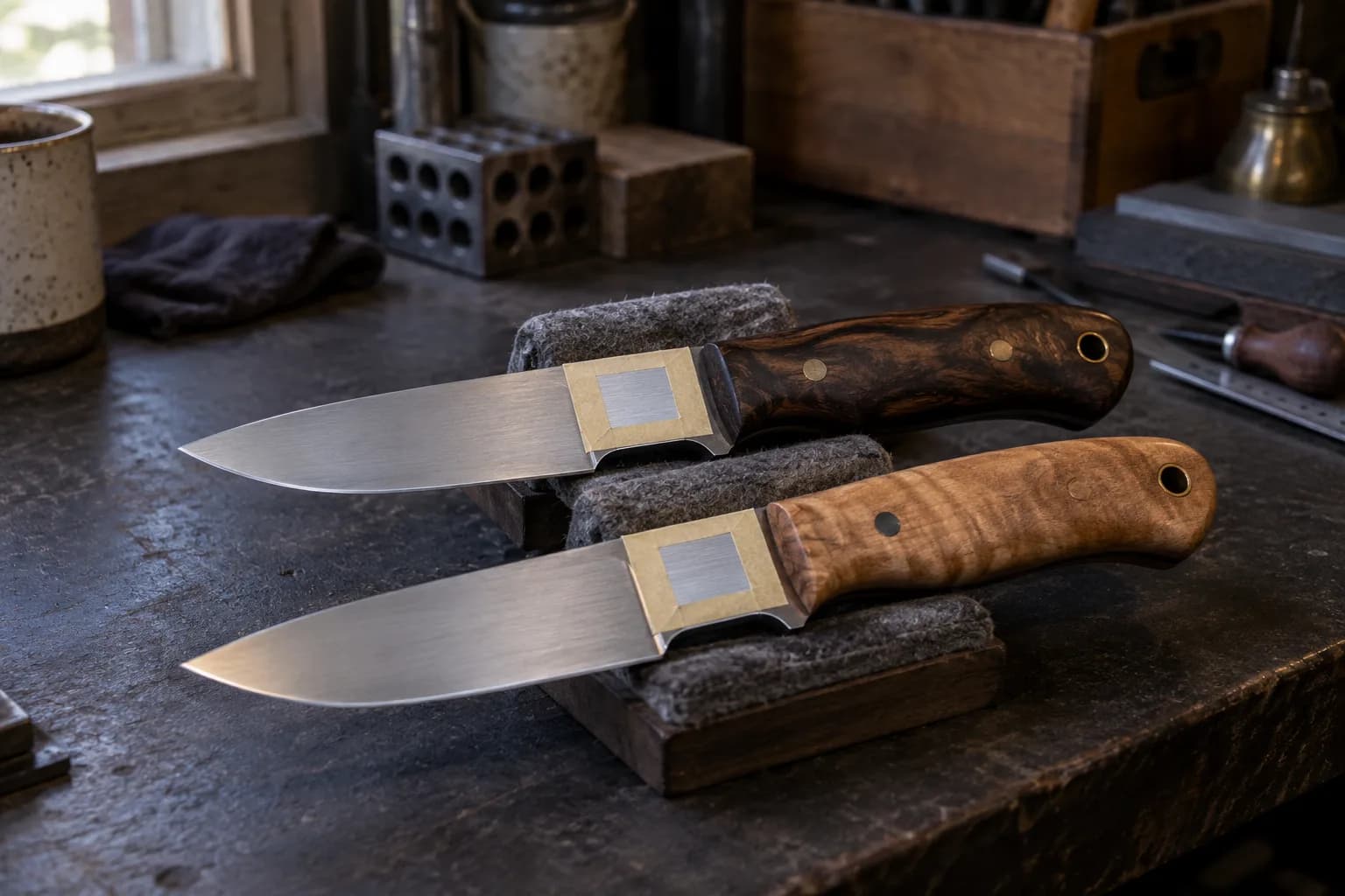 Two knives with wood handles lie on felt pads, each with a square masking-tape window on the ricasso at the same spot