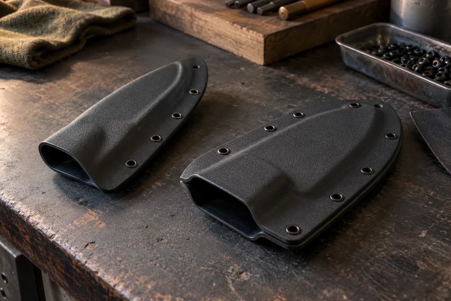Folded taco Kydex sheath with eyelets along one edge beside a two-panel pancake sheath eyeleted around its perimeter