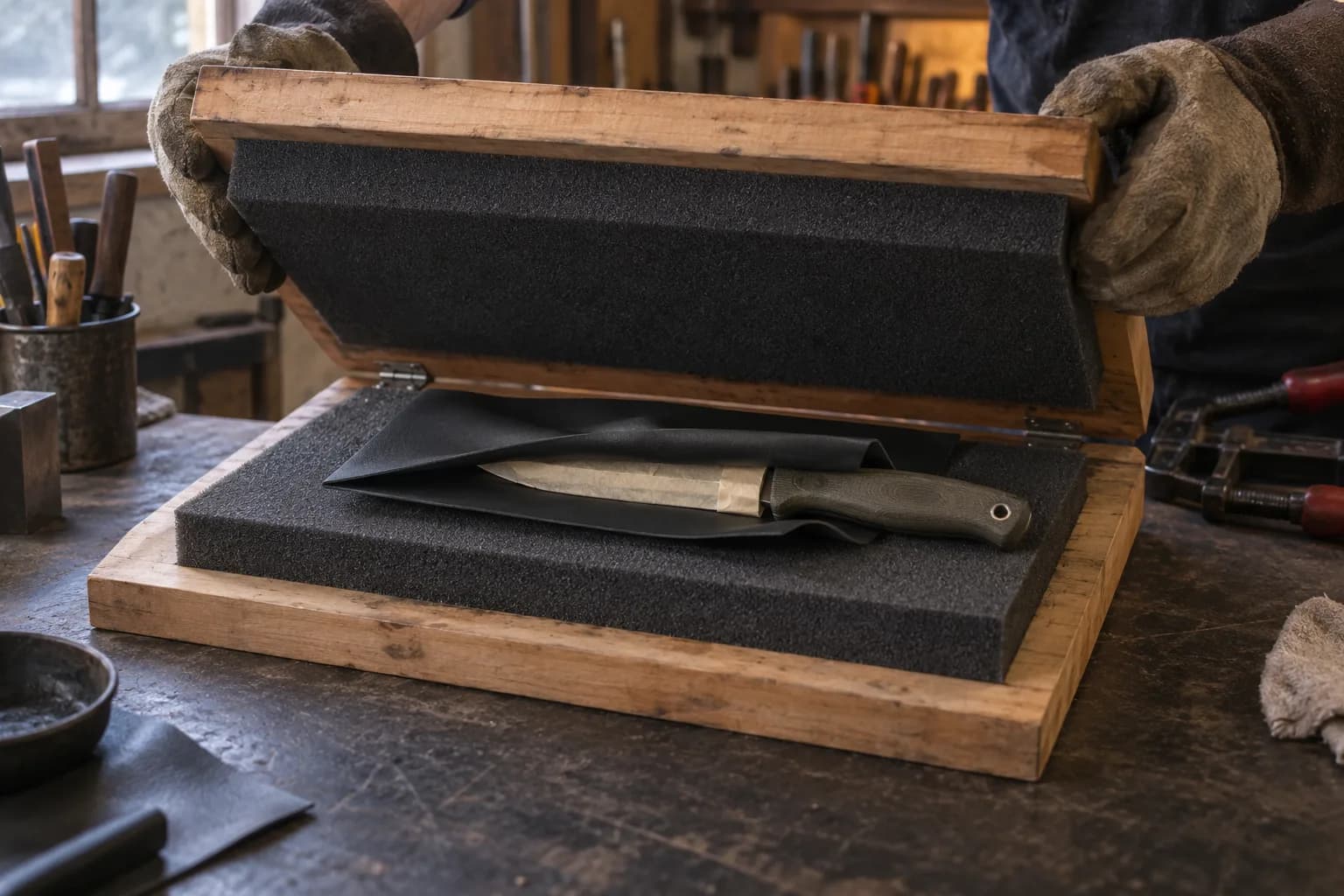 Gloved hands lower the lid of a hinged wooden foam press over a taped knife blade wrapped in folded black Kydex