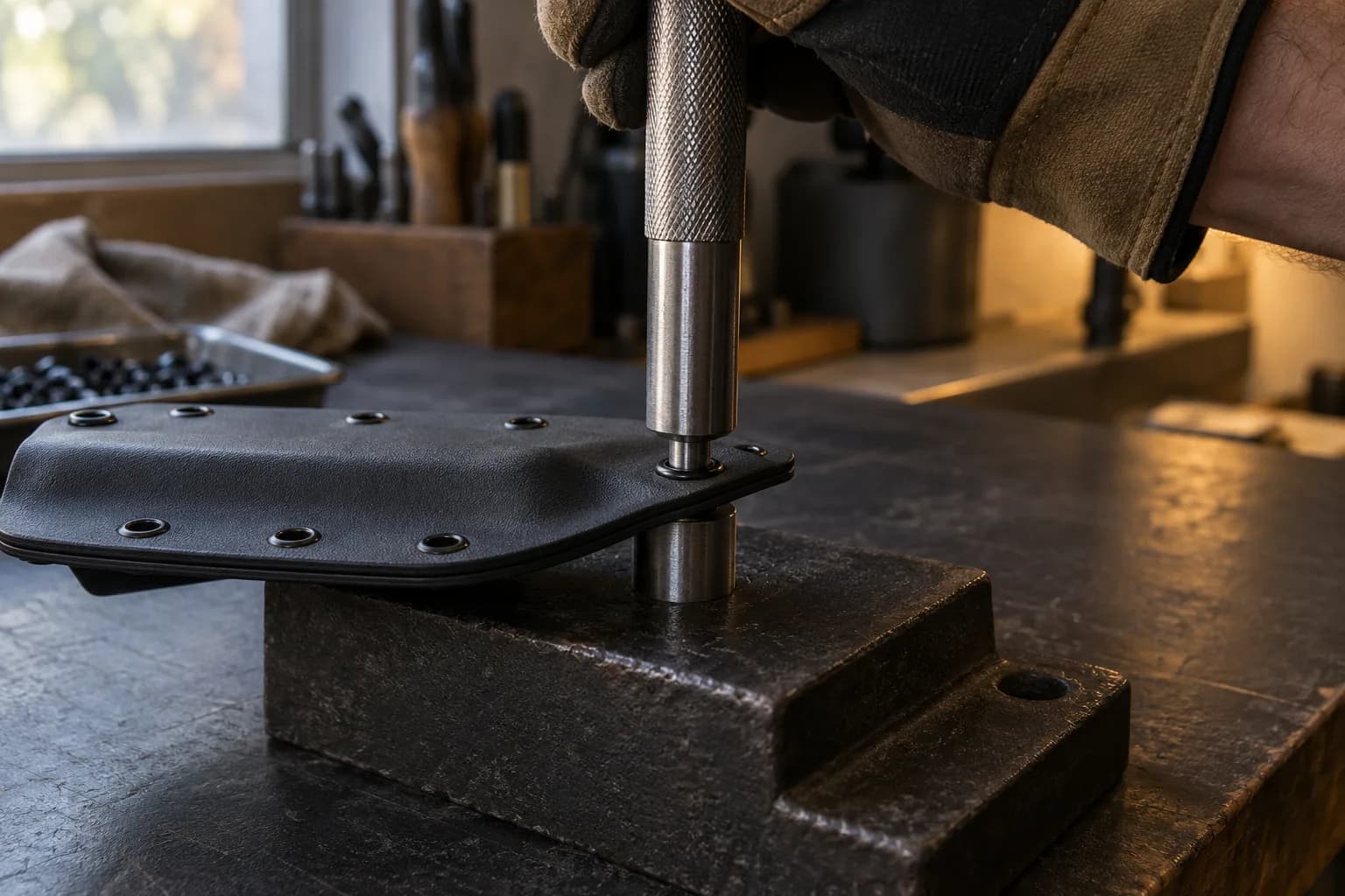Gloved hand holds a knurled setter over a black Kydex sheath eyelet seated on a steel die on a cast iron base