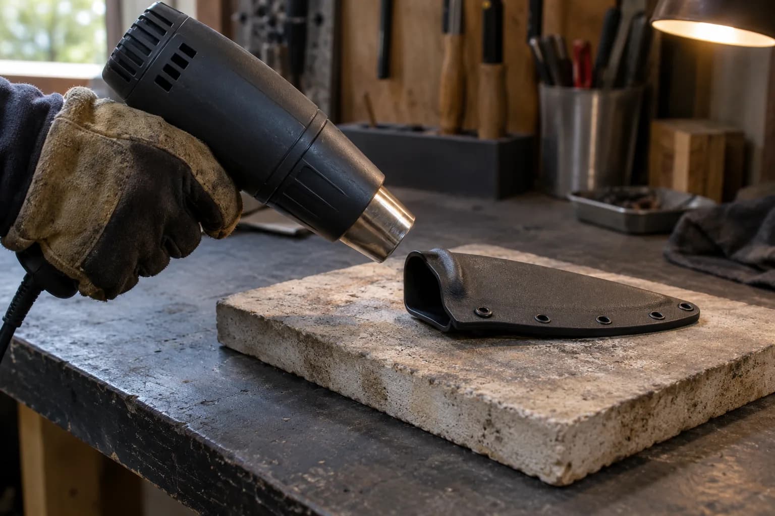 Gloved hand holds a heat gun near the open mouth of an empty black Kydex sheath resting on a firebrick slab on a workbench.