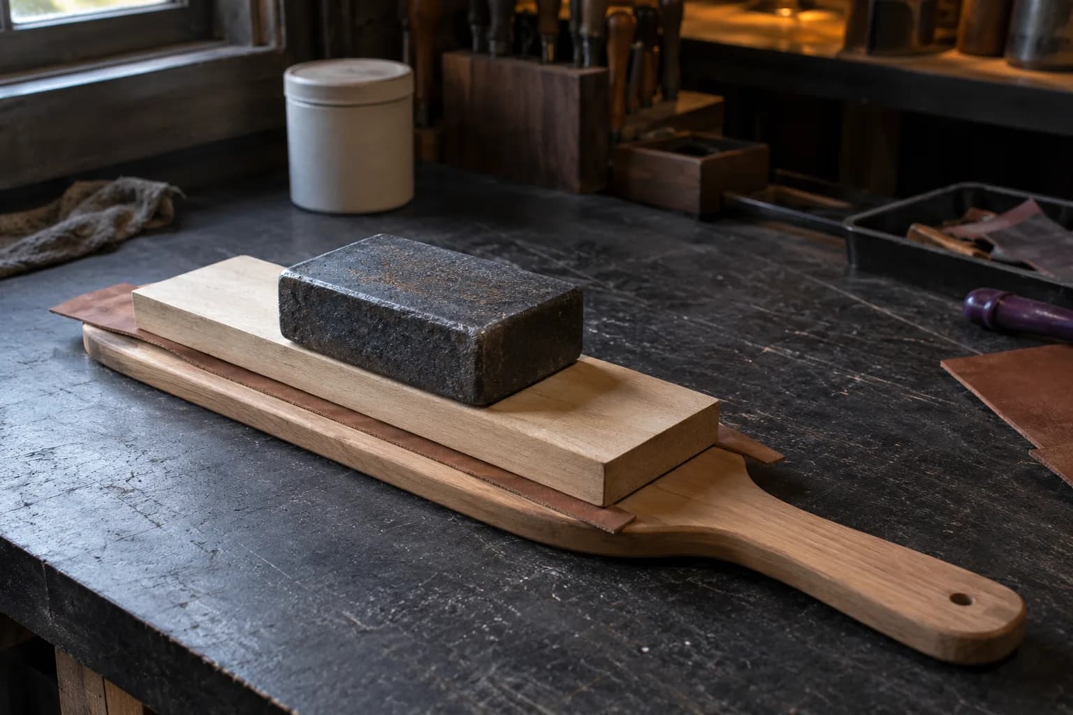 Leather strip under a wooden caul and iron weight on an oak strop paddle on a dark workbench
