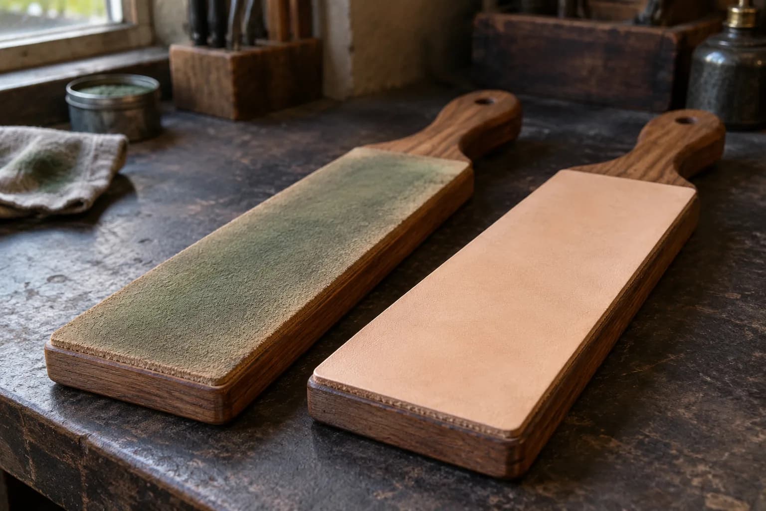 Two strop paddles: one with green compound worked into rough leather, the other with bare smooth leather