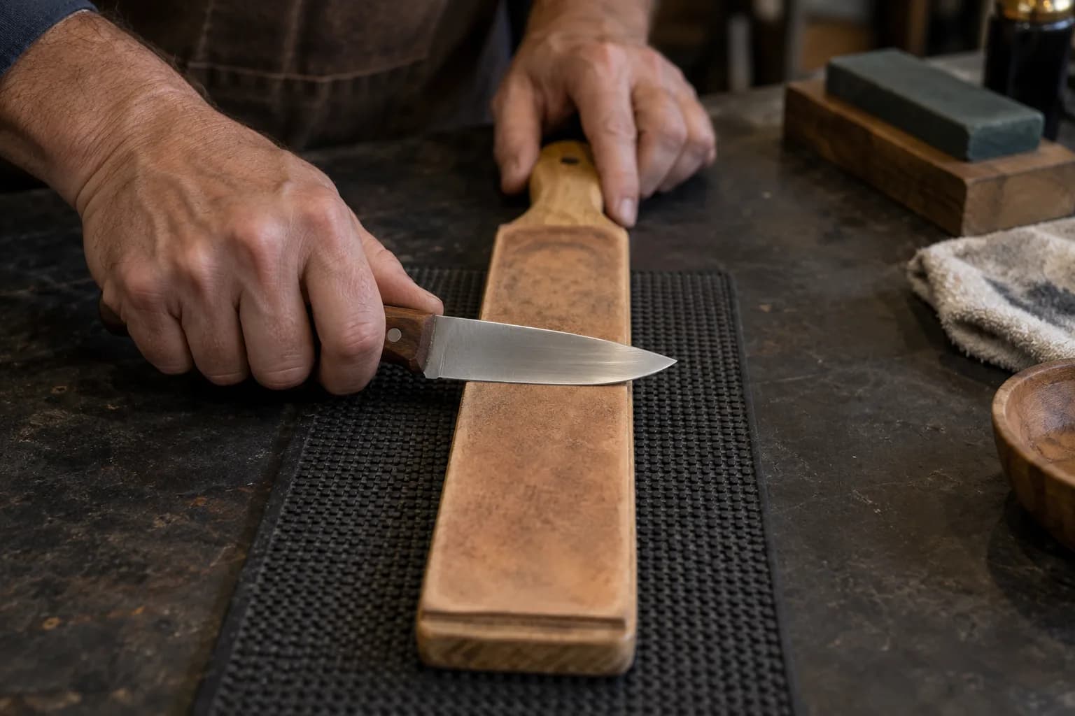Hands draw a wood-handled knife across a leather strop on a nonslip mat, spine leading and edge trailing
