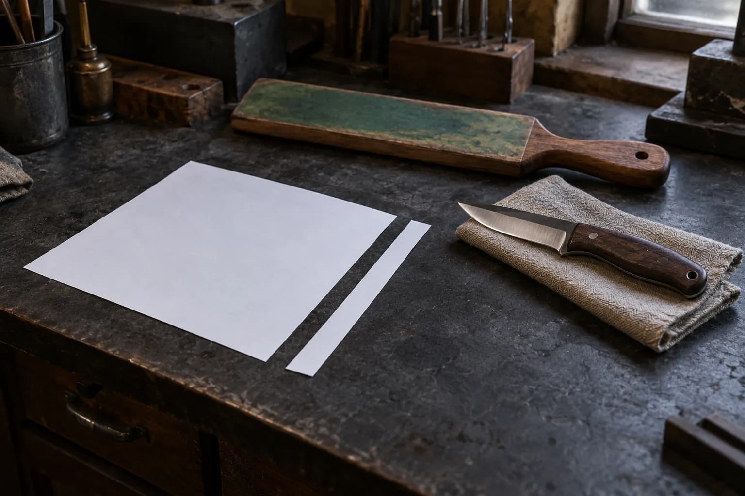Blank paper sheet and a narrow trimmed offcut on a dark bench, beside a knife resting on folded cloth and a green-charged strop.