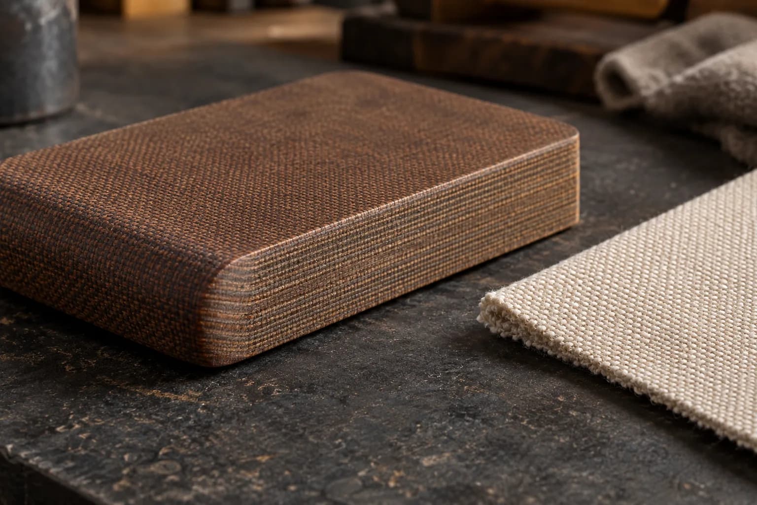 Brown canvas Micarta block with a rounded corner showing woven face and layered edge, beside a pale cotton canvas offcut