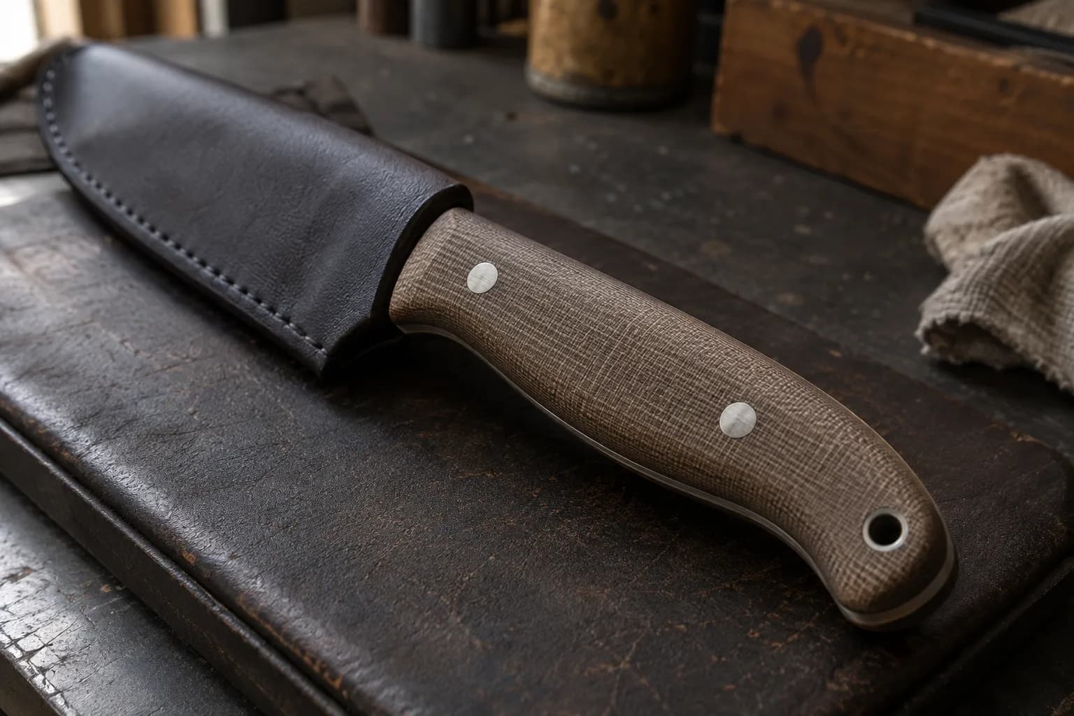 Brown linen Micarta knife handle with two pins and a lanyard hole, blade in a leather sheath, on a dark leather pad