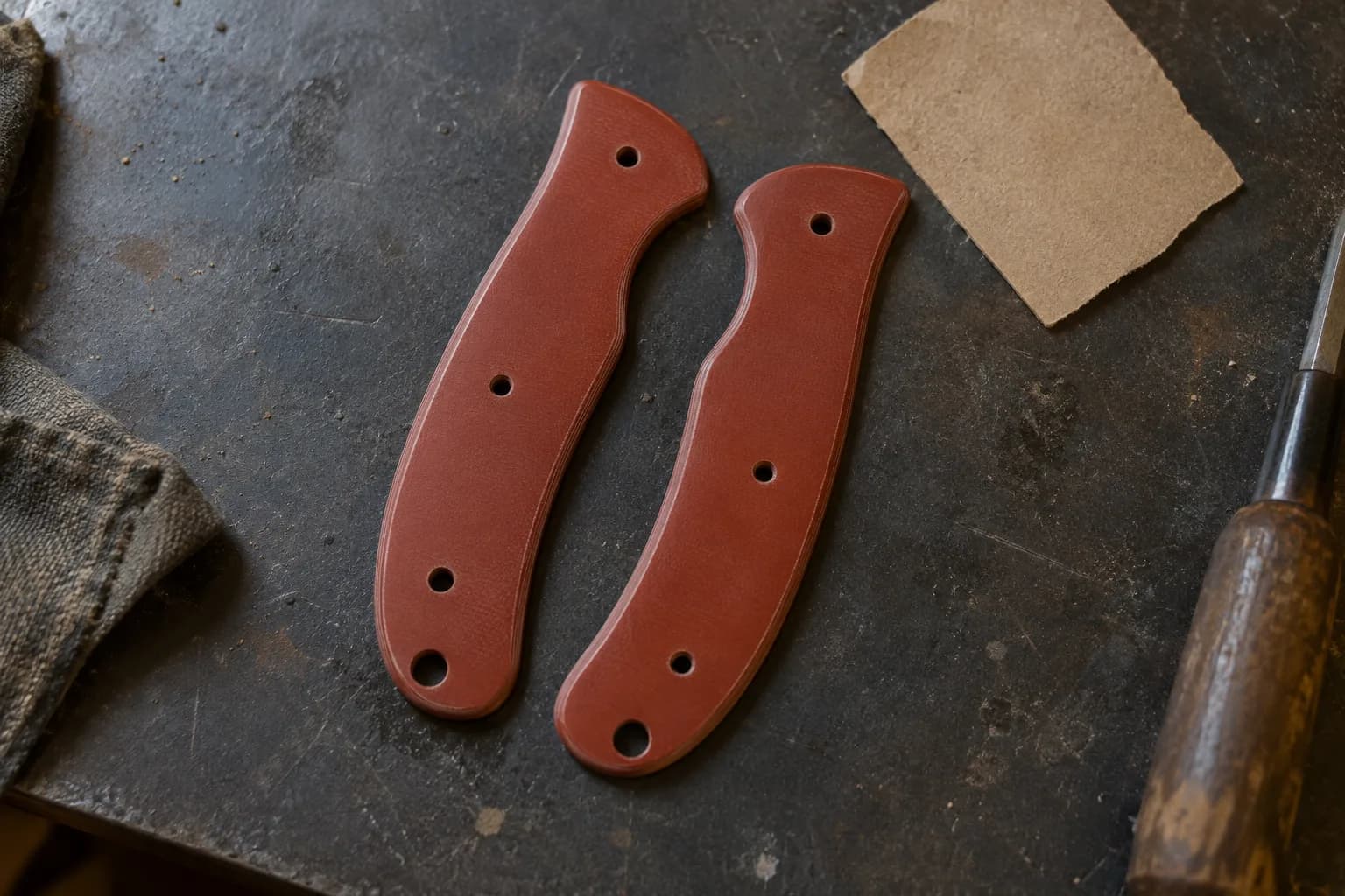 Pair of smooth rust-red paper Micarta scales with drilled pin holes on a dark bench beside a tan paper offcut