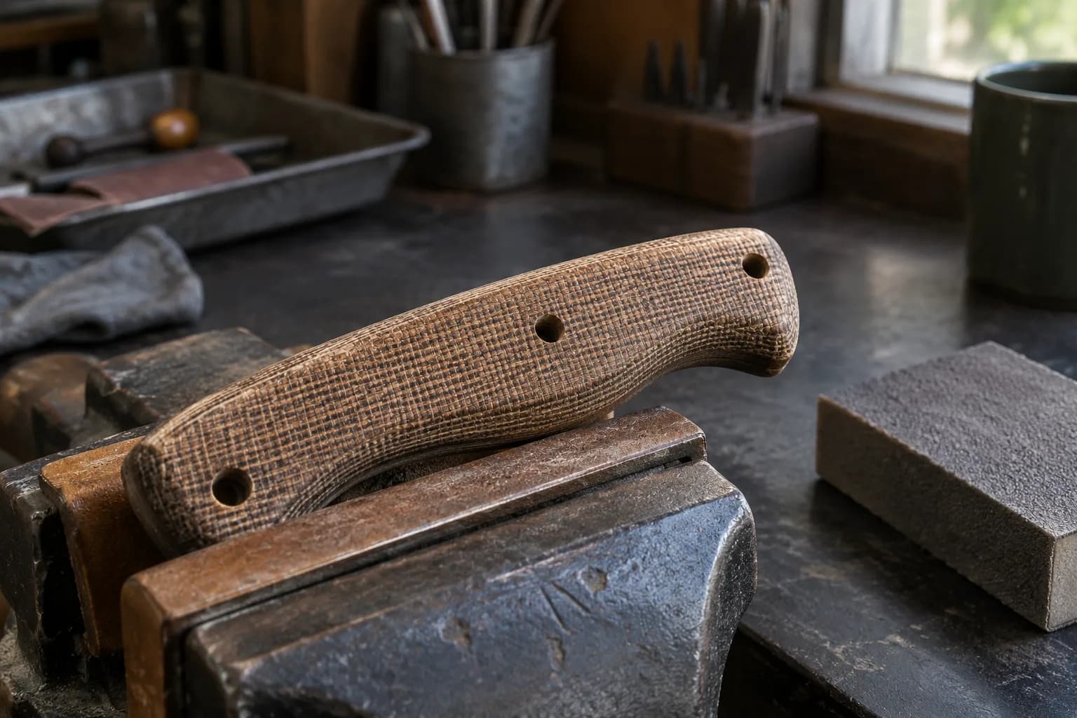 Contoured burlap Micarta handle blank with coarse resin-bound weave clamped in a bench vise beside a sanding block