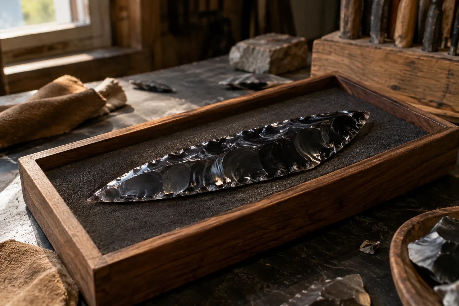Knapped black obsidian blade resting in a padded oak tray, curved flake scars along its leaf-shaped edge
