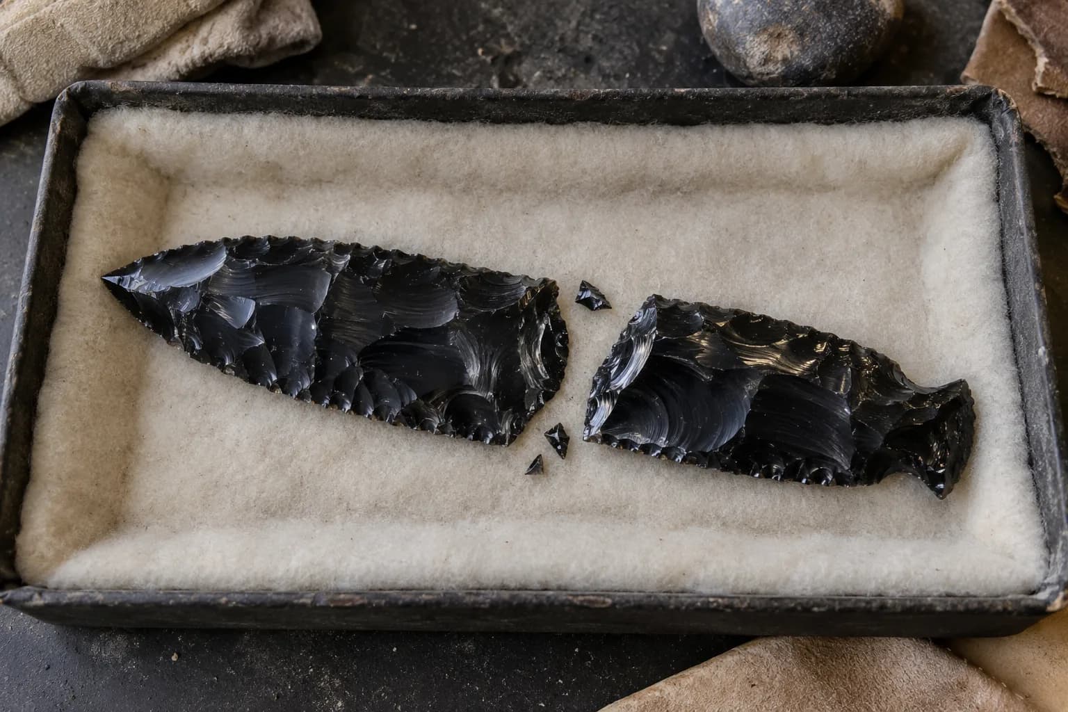 Obsidian blade broken in two, both pieces and three small chips lying in a felt-lined tray