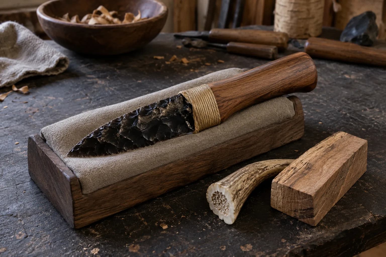 Obsidian dagger seated in a wood handle with raffia binding on a linen cradle beside an antler offcut and wood block