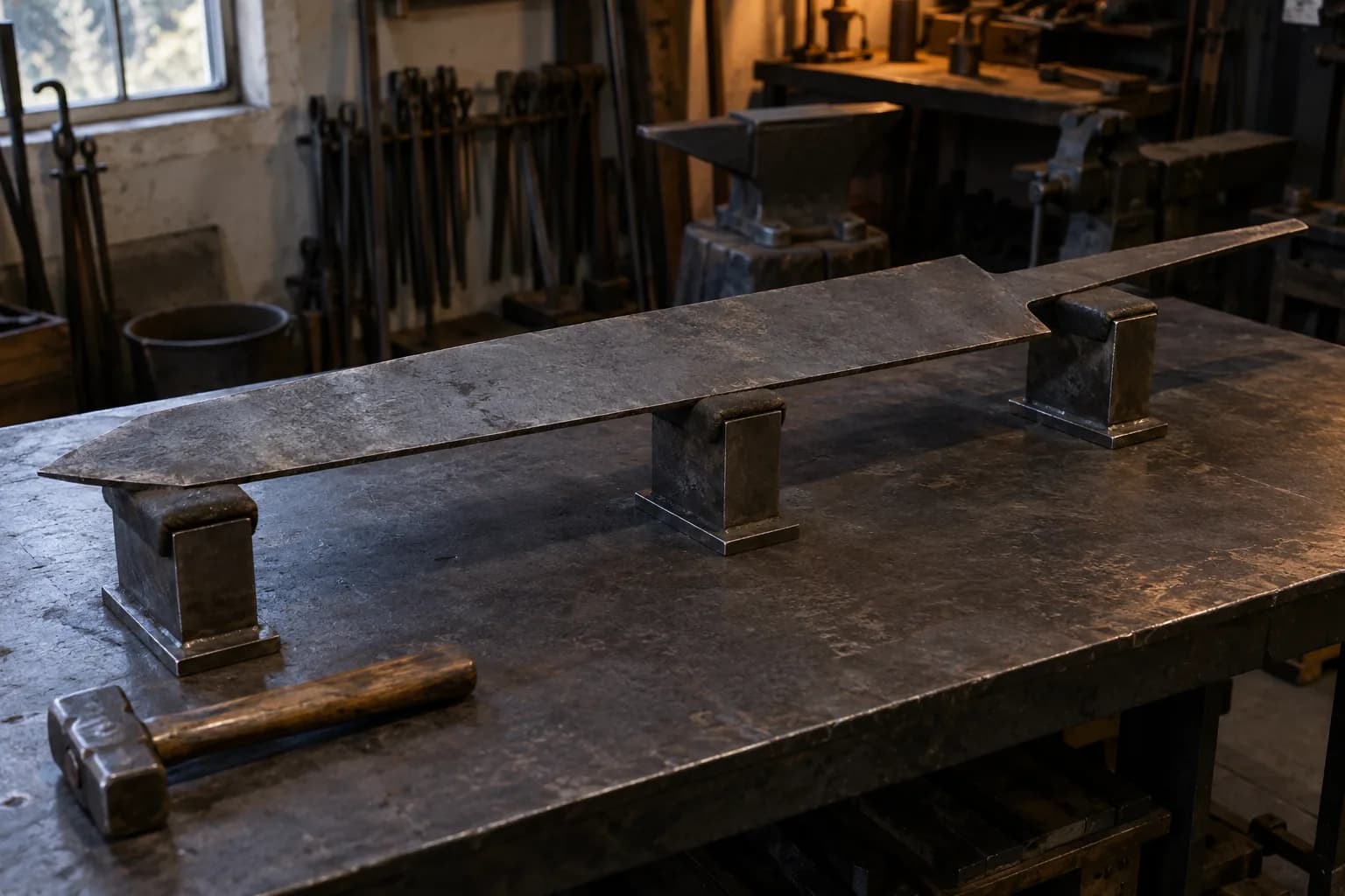 Crude oversized iron sword blank resting on three padded steel blocks on a steel bench, with a hand hammer in the foreground