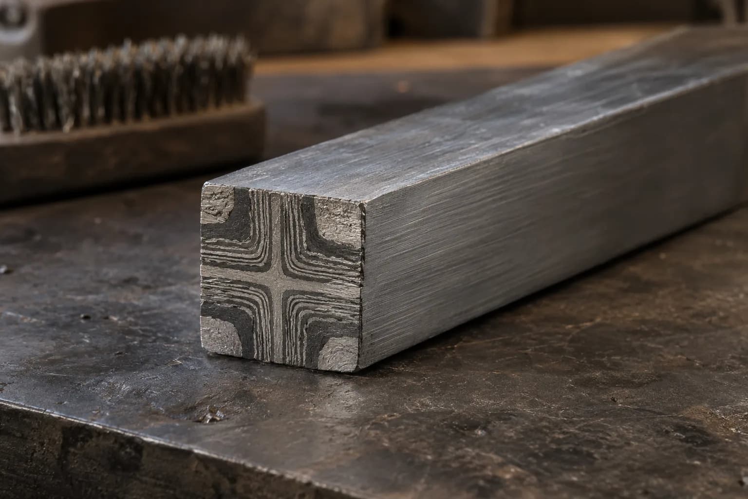 Cold square mosaic steel bar on a dark bench, its end face etched to show a cross pattern in dark and silver layers
