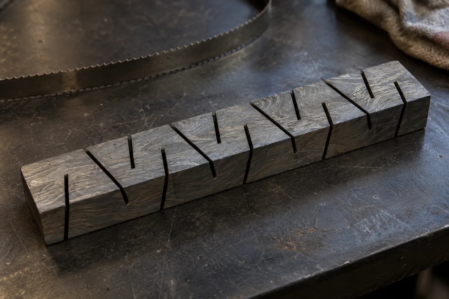 Cold steel bar on a bench with narrow angled saw cuts alternating from both sides, leaving connected steel; a band saw blade lies behind