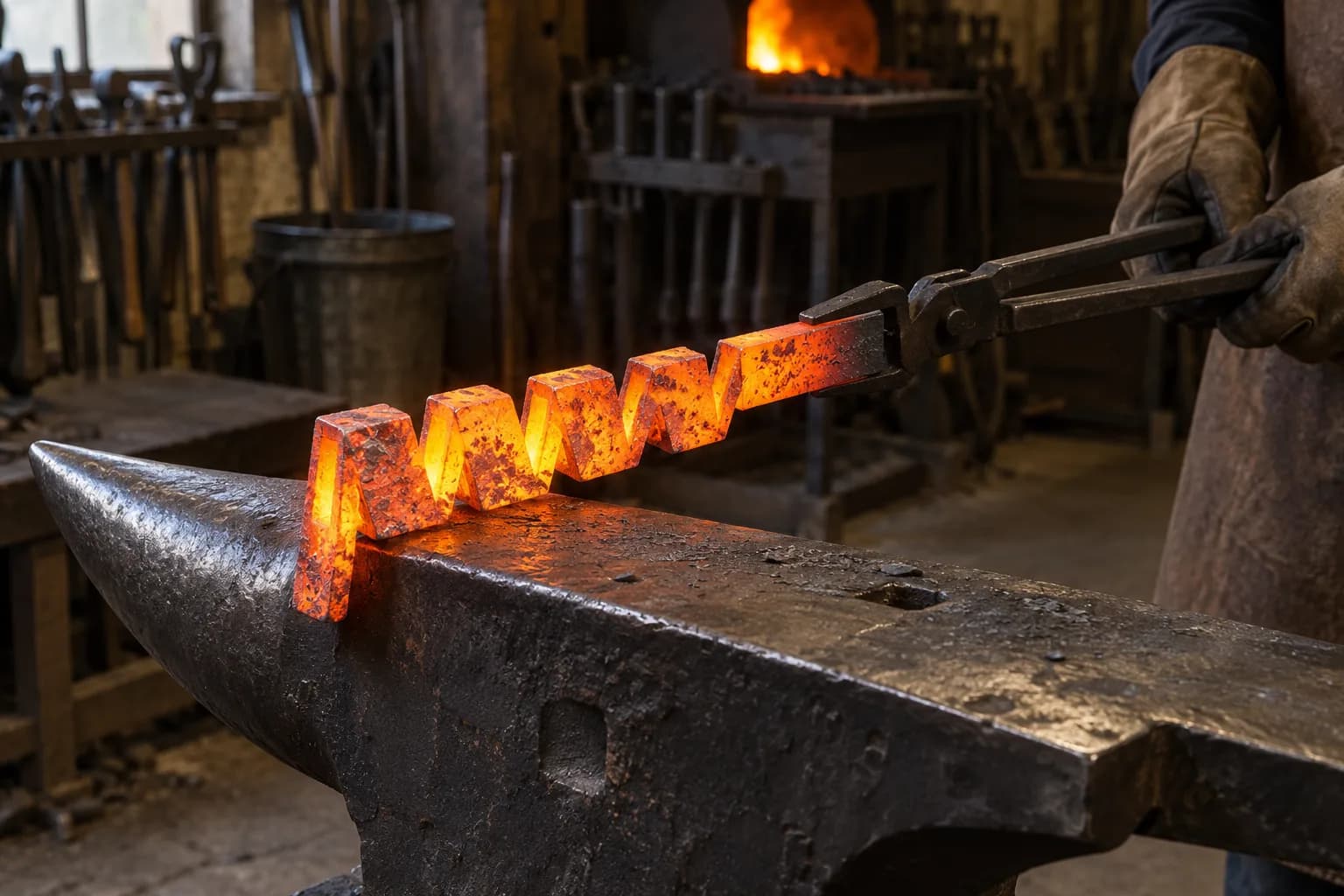 Glowing orange zigzag steel bar partly opened across an anvil edge, gripped by long tongs in a gloved hand, forge behind