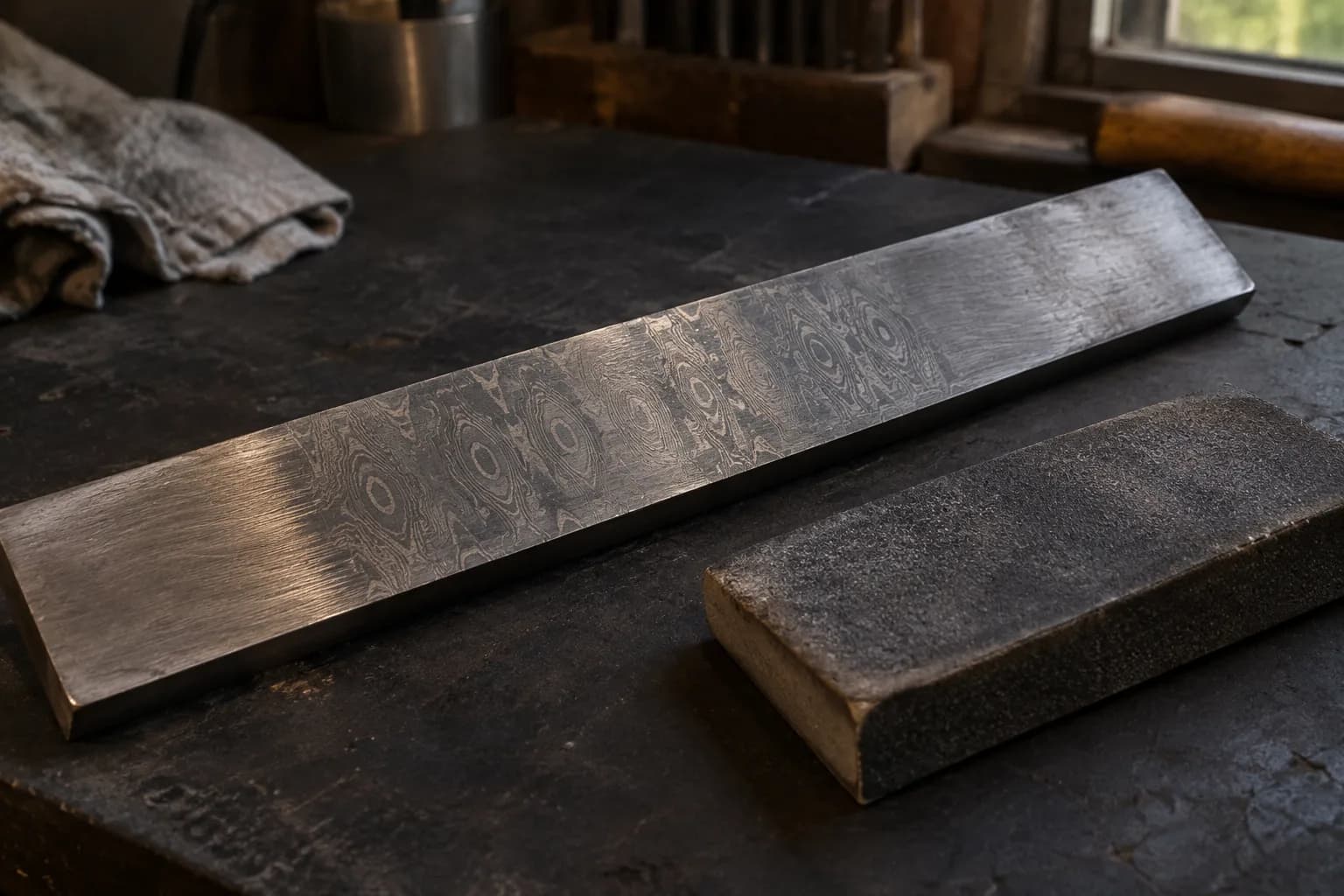 Flat ground steel bar with a patch of repeated dark and silver eye-shaped pattern, plain steel at both ends, next to a sanding block
