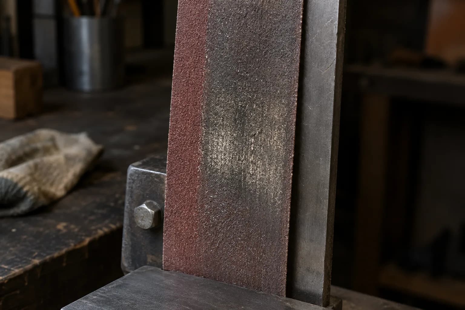 Dull, loaded abrasive belt on a flat steel platen, with a clean red grain strip along its left edge, grinder stopped
