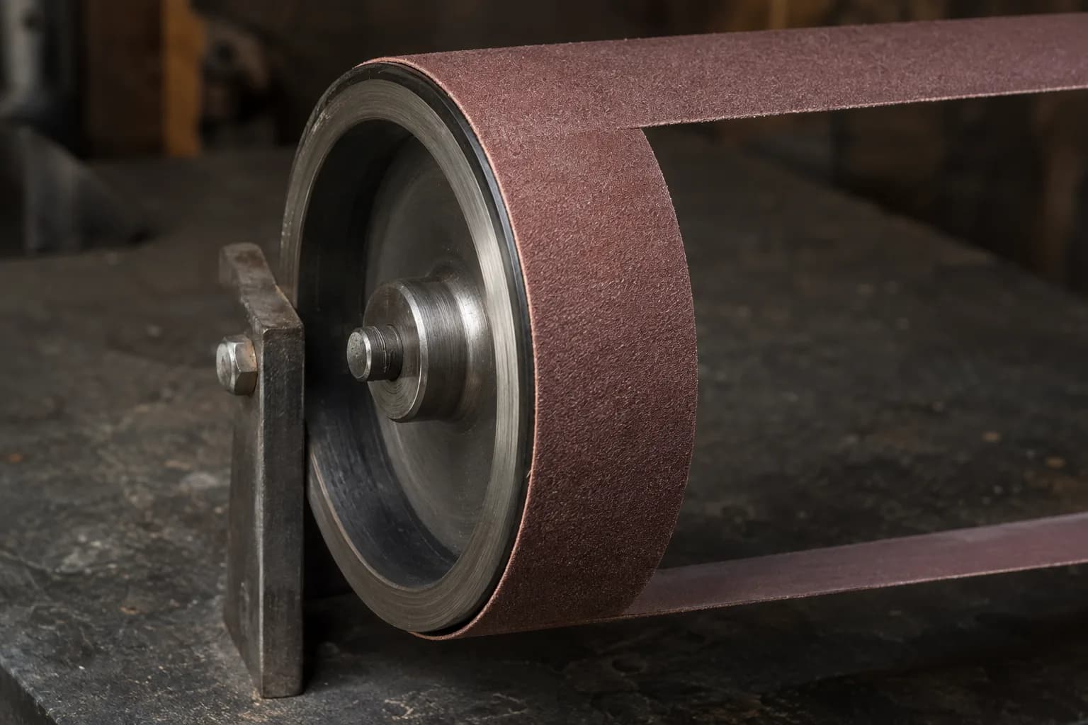Fresh abrasive belt seated squarely on a plain steel wheel mounted to a small bracket on a dark bench