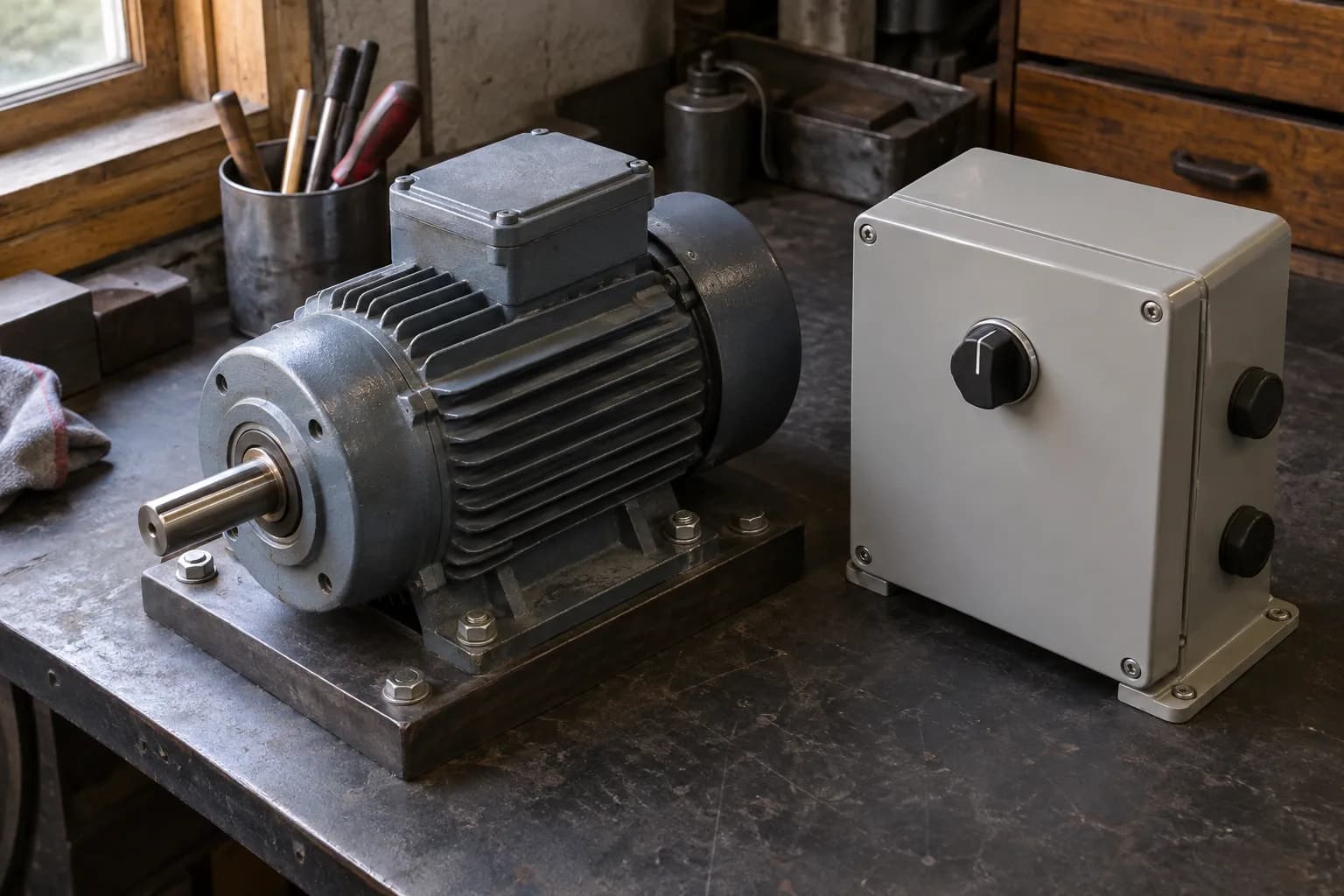 Finned electric motor bolted to a steel base beside a closed gray control enclosure with a plain black knob