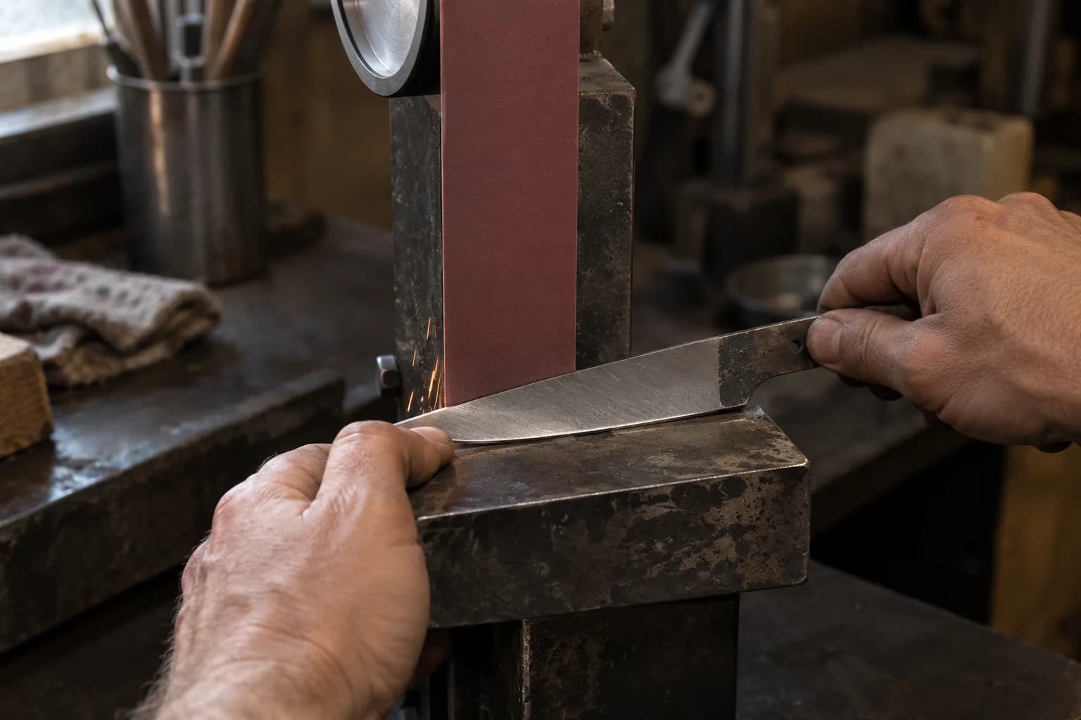 Bare hands hold a blunt knife blank on a steel work rest against a maroon belt, with a few small sparks at the contact.