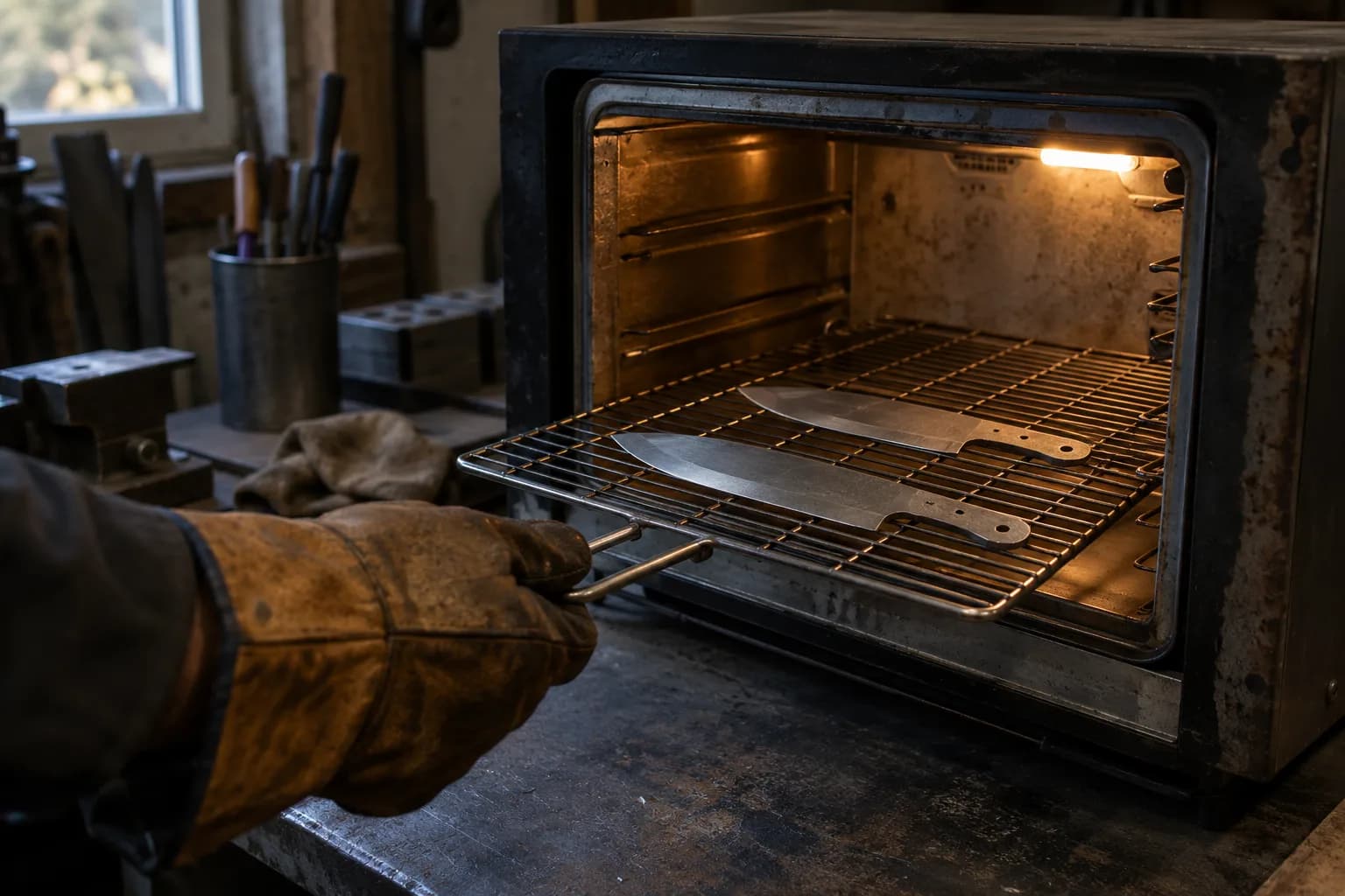 Gloved hand pulls out a wire rack holding two plain gray blade blanks in a warm-lit workshop oven.