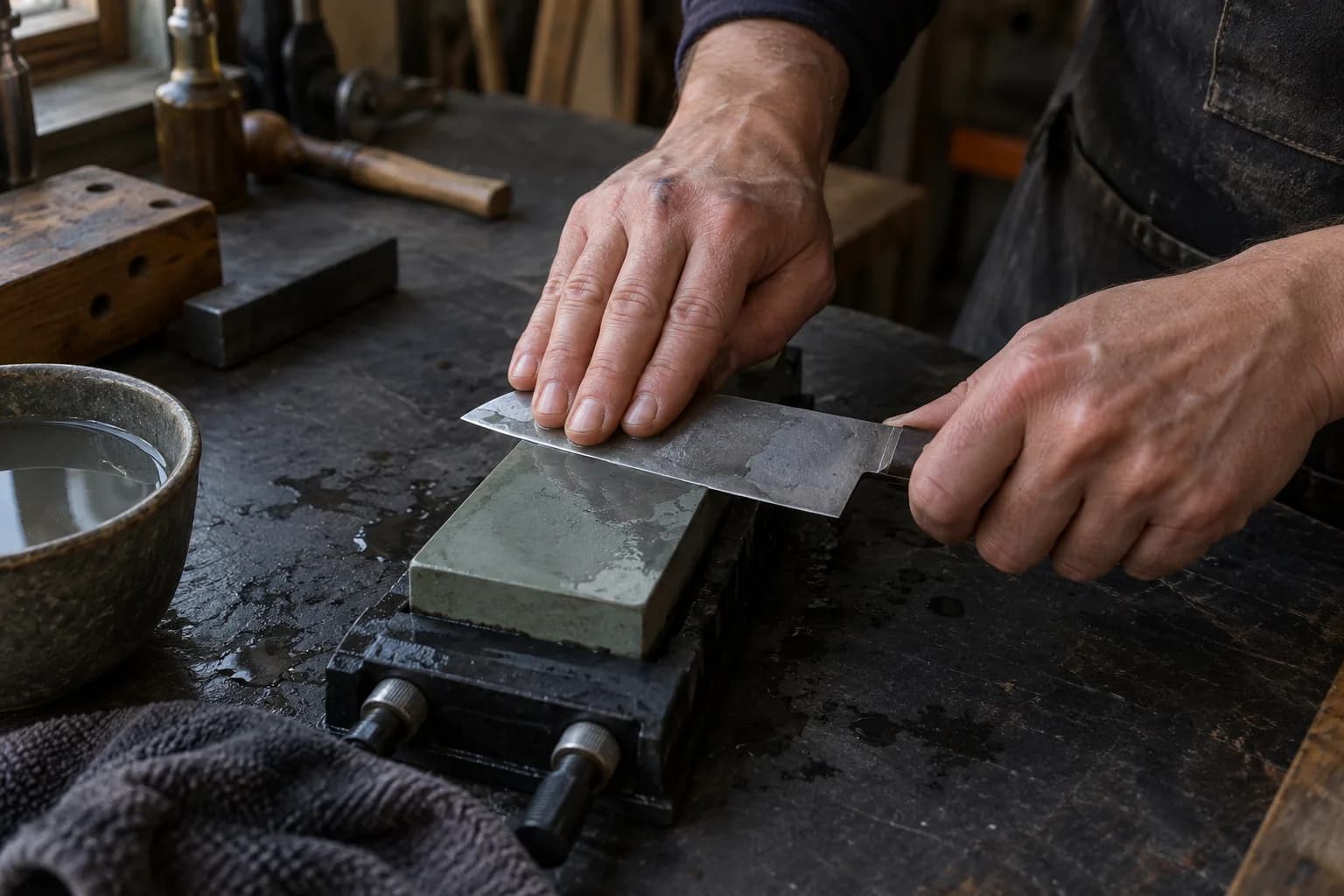Hands press a wide kitchen blade's flat onto a wet sharpening stone clamped in a holder, with a water bowl nearby.