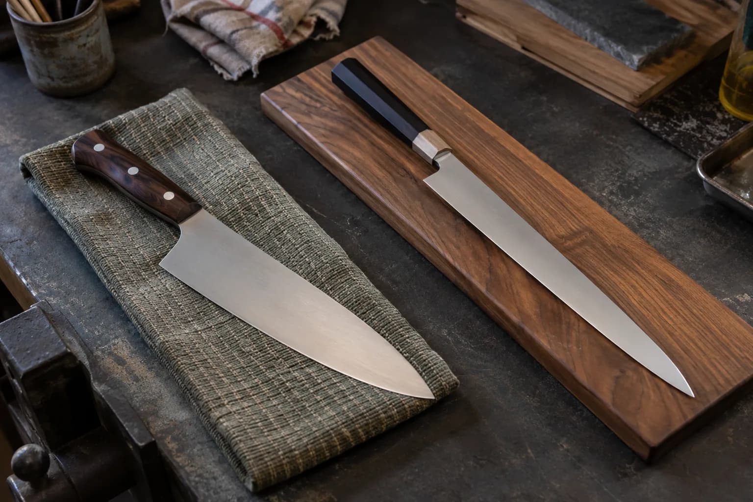 Broad chef's knife on a cloth pad beside a slender slicer on a walnut board, on a dark shop bench.